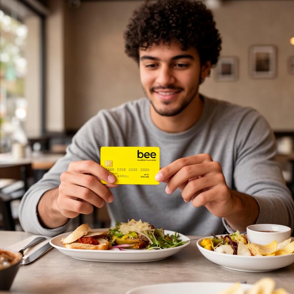Colaborador no almoço pagando com o cartão Bee Benefícios Corporativos