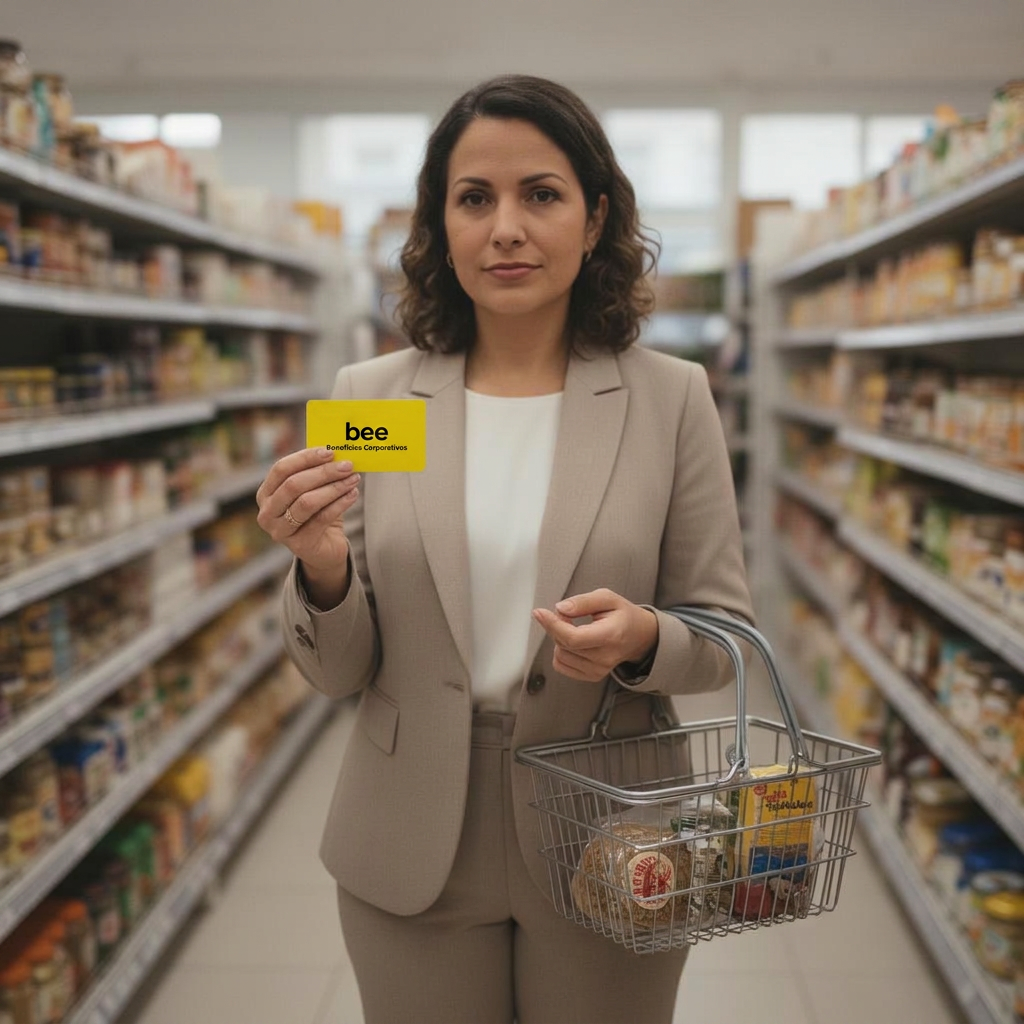 Colaboradora no mercado usando o cartão Bee Benefícios Corporativos